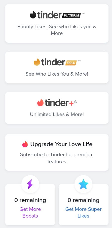 Tinder Plus, Gold and Platinium