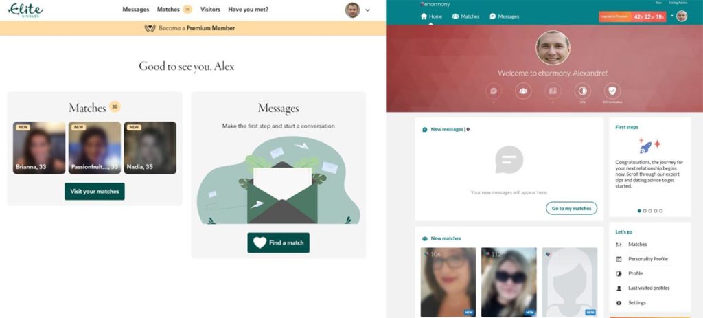 Elite Singles vs Eharmony hompage